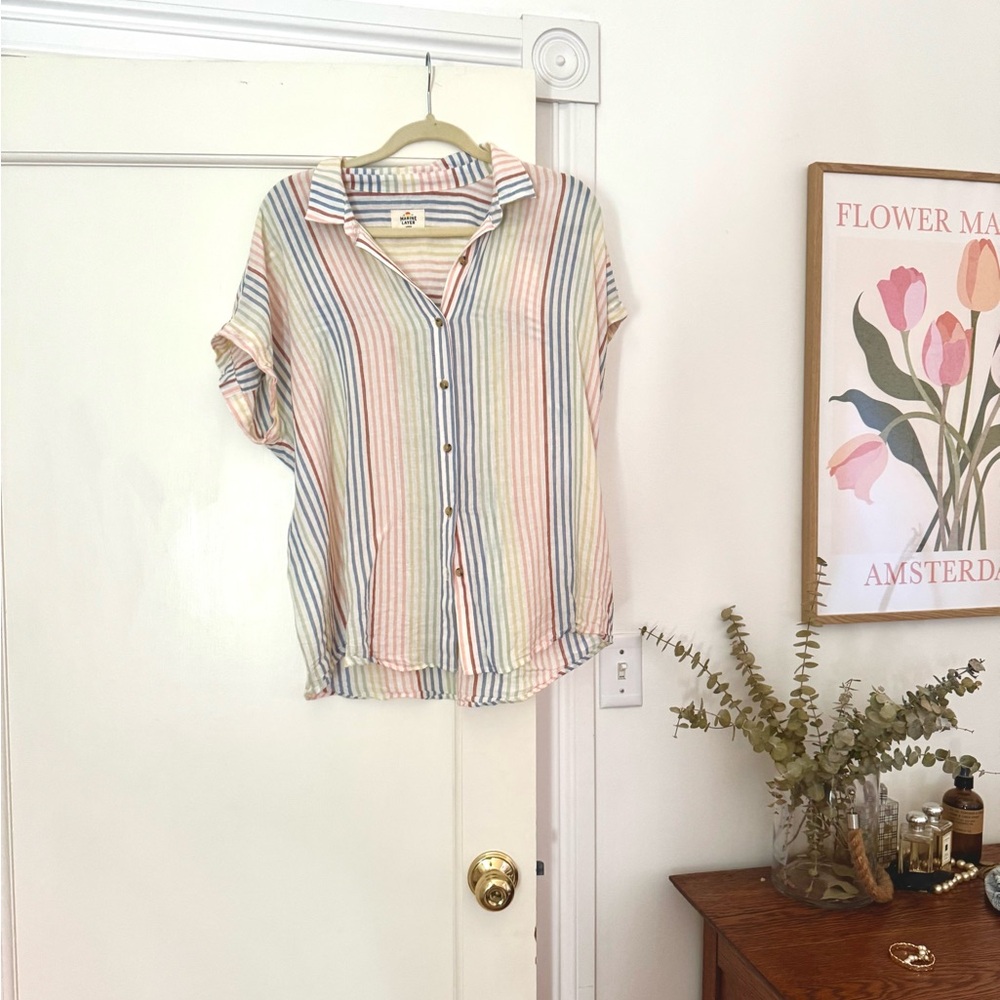 Marine Layer Pink and Blue Button Down Shirt with Notched Collar
